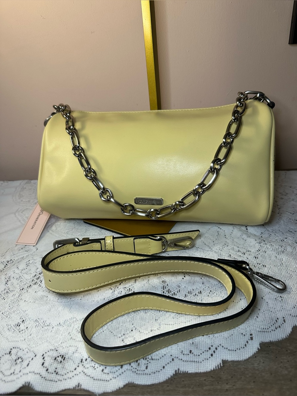 BCBGeneration Barrel/Baguette Butter Color Faux Leather Shoulder/Crossbody Bag. - Picture 5 of 12